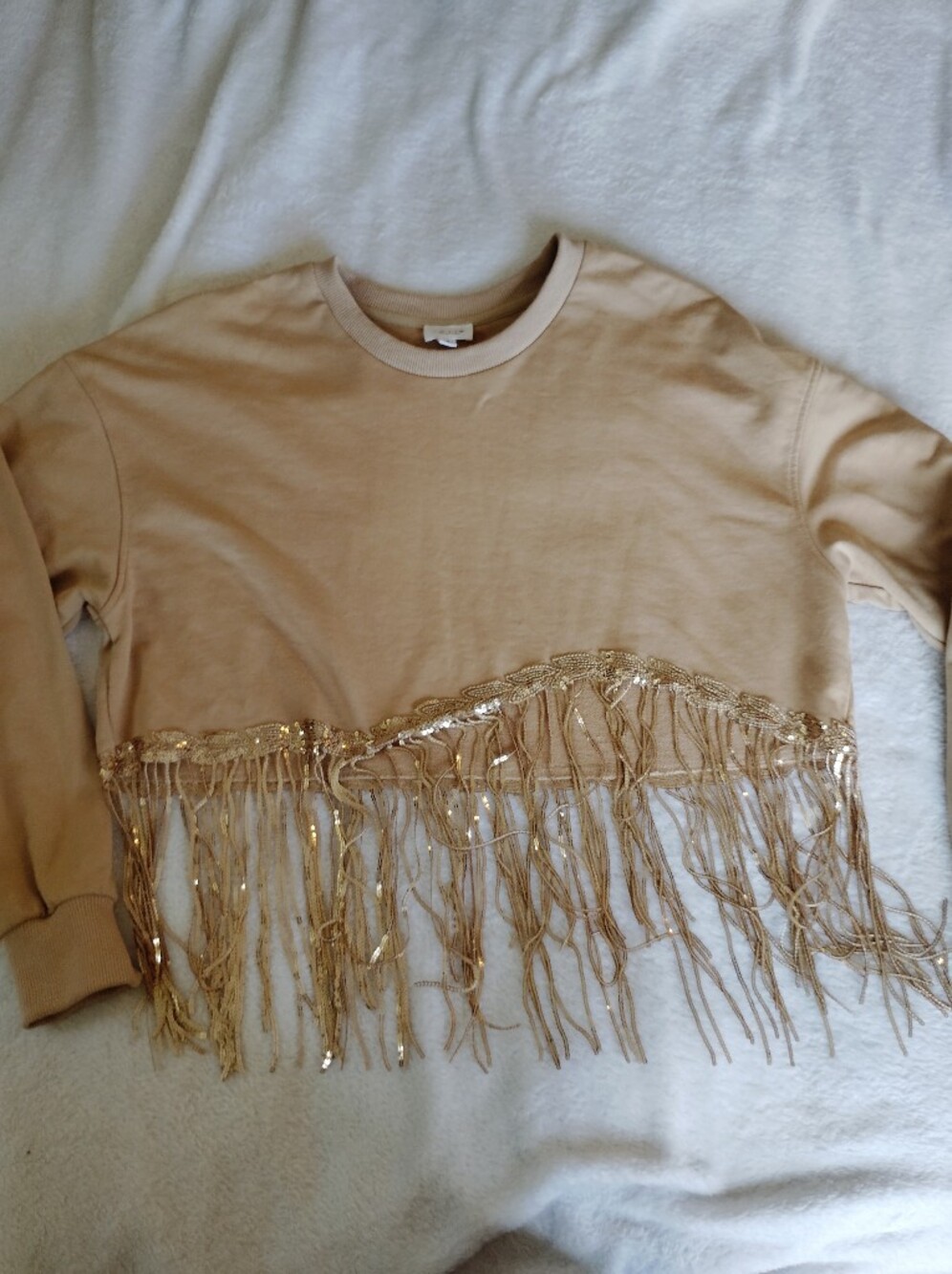 LE LIS Women's Cropped Beige Long Sleeve Shirt with Gold Tassel Fringe